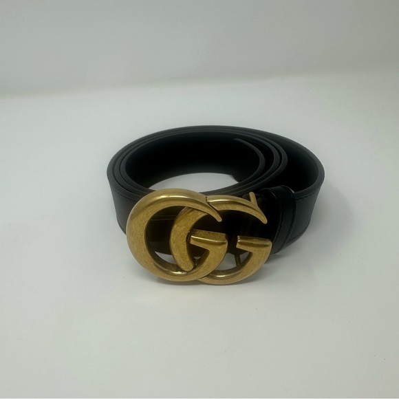 Gucci Unisex Black Belt with Gold GG Marmont Buckle